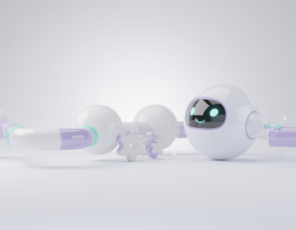 Illustration cinématique d'un robot humanoïde et d'un bras robotisé travaillant à une console lumineuse