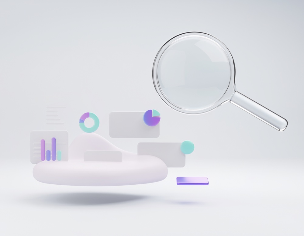 Illustration cinématique d'une loupe examinant un tableau de bord de données holographique